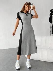 SHEIN EZwear Vestido con estampado de letra de cuello polo - Gris - Ver 7