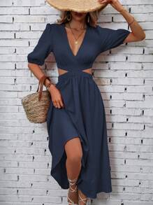 Breezaya Plunging Neck Cut Out Waist A-line Dress