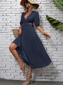 Breezaya Plunging Neck Cut Out Waist A-line Dress