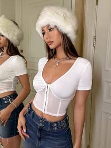 SHEIN ICON 鉤眼扣嵌入網紗短款T恤 - 白色 - 查看 5