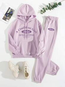 SHEIN EZwear Letter Graphic Kangaroo Pocket Drawstring Thermal Hoodie & Sweatpants - Lilac Purple - View 1