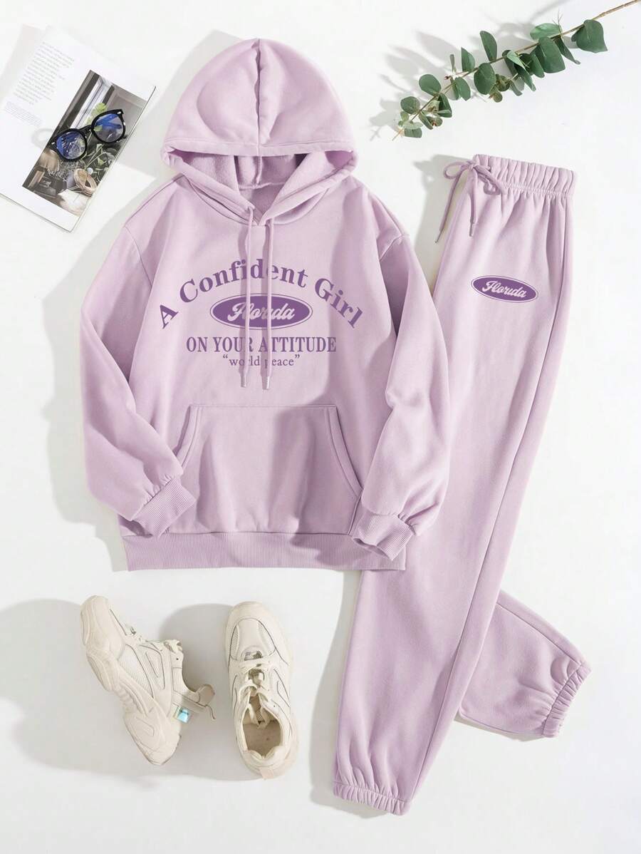 SHEIN EZwear Letter Graphic Kangaroo Pocket Drawstring Thermal Hoodie & Sweatpants - Lilac Purple - View 1