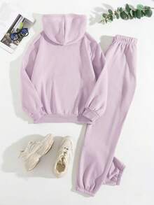 SHEIN EZwear Letter Graphic Kangaroo Pocket Drawstring Thermal Hoodie & Sweatpants - Lilac Purple - View 2
