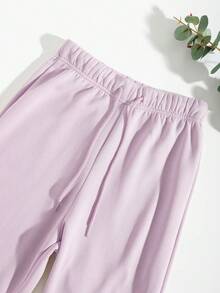 SHEIN EZwear Letter Graphic Kangaroo Pocket Drawstring Thermal Hoodie & Sweatpants - Lilac Purple - View 5