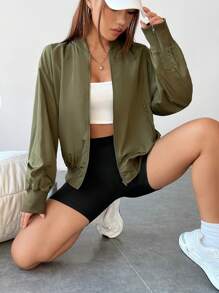 SHEIN EZwear Drop Shoulder Zip Up Bomber Jacket - Army Green - View 1