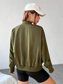 SHEIN EZwear Drop Shoulder Zip Up Bomber Jacket - Army Green - View 2