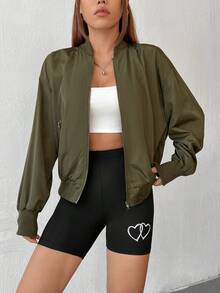 SHEIN EZwear Drop Shoulder Zip Up Bomber Jacket - Army Green - View 3