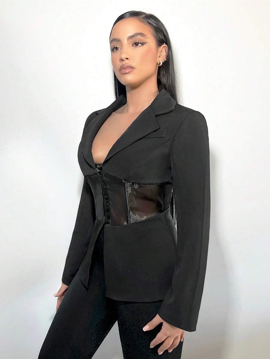 SHEIN SXY 鉤眼扣蕾絲拼接西裝外套 - 黑色 - 查看 1