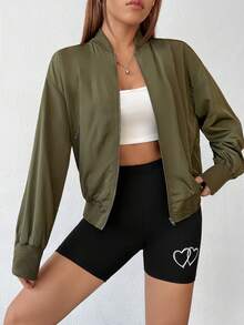 SHEIN EZwear Drop Shoulder Zip Up Bomber Jacket - Army Green - View 4