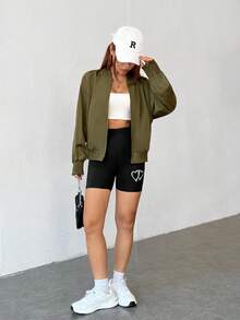 SHEIN EZwear Drop Shoulder Zip Up Bomber Jacket - Army Green - View 5