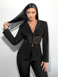 SHEIN SXY 鉤眼扣蕾絲拼接西裝外套 - 黑色 - 查看 4