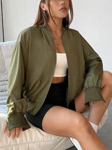 SHEIN EZwear Drop Shoulder Zip Up Bomber Jacket - Army Green - View 6