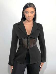 SHEIN SXY 鉤眼扣蕾絲拼接西裝外套 - 黑色 - 查看 5