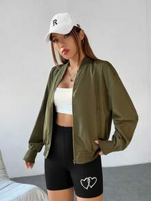 SHEIN EZwear Drop Shoulder Zip Up Bomber Jacket - Army Green - View 7
