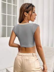 SHEIN EZwear 休閒羅紋針織純色女士T恤 - 灰色 - 查看 2