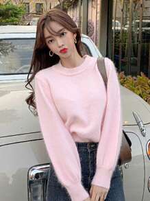 DAZY Chất rắn Tay áo lồng đèn Áo len - Hồng - Xem 2