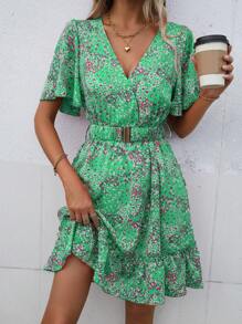 SHEIN VCAY 碎花蝴蝶袖荷葉邊洋裝不附腰帶 - 綠色 - 查看 1