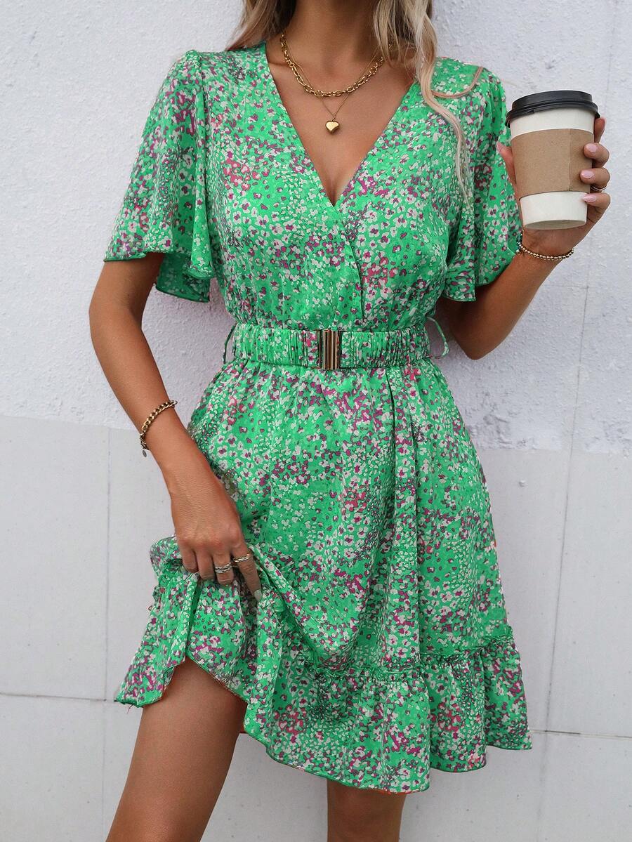 SHEIN VCAY 碎花蝴蝶袖荷葉邊洋裝不附腰帶 - 綠色 - 查看 1