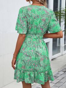 SHEIN VCAY 碎花蝴蝶袖荷葉邊洋裝不附腰帶 - 綠色 - 查看 2