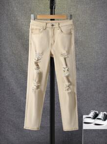 SHEIN Tween Boy Ripped Frayed Bleach Wash Jeans - Khaki - View 3