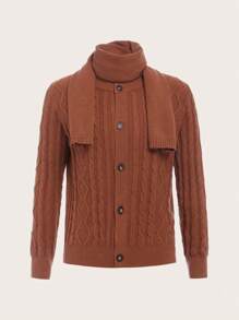 SHEIN 男大童絞花針織鈕扣前開衫配圍巾 - 鏽棕色 - 查看 1