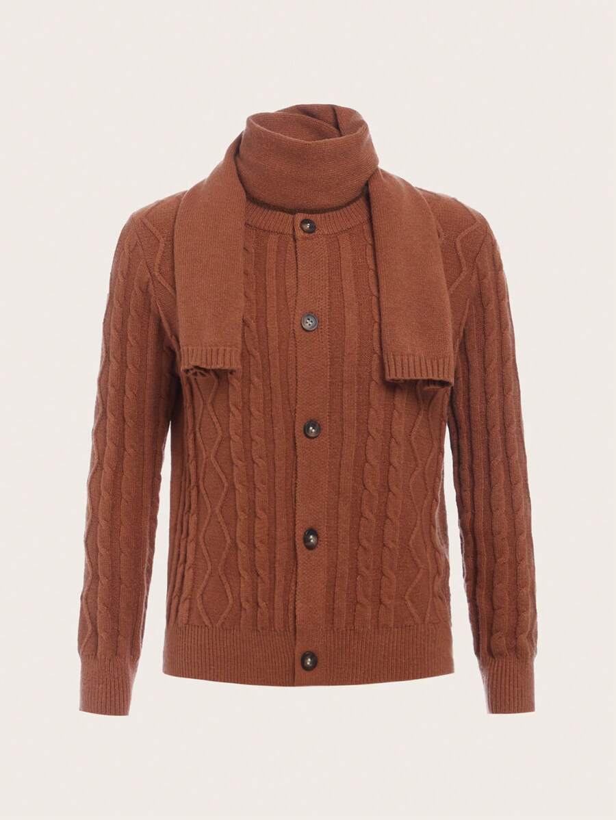 SHEIN 男大童絞花針織鈕扣前開衫配圍巾 - 鏽棕色 - 查看 1