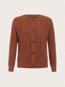 SHEIN 男大童絞花針織鈕扣前開衫配圍巾 - 鏽棕色 - 查看 5