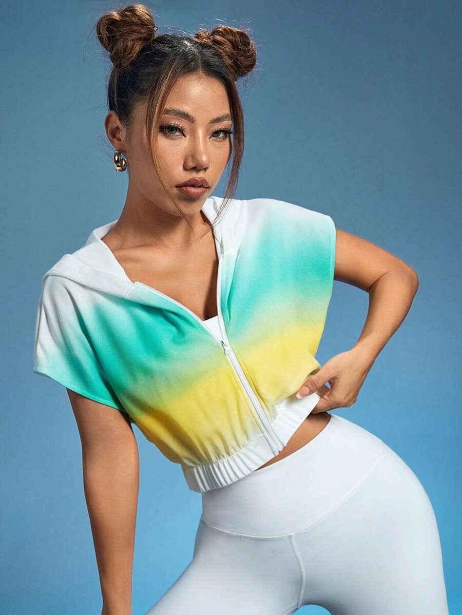 漸變圖案蝙蝠袖連帽短款運動夾克 - 彩色 - 查看 1