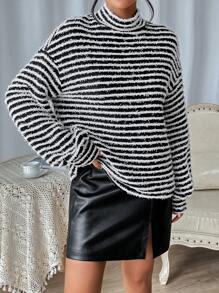 SHEIN Essnce Striped Pattern Mock Neck Drop Shoulder Tee