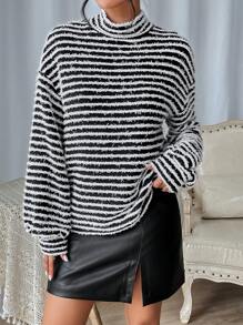 SHEIN Essnce Striped Pattern Mock Neck Drop Shoulder Tee