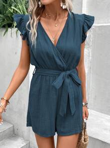 SHEIN Frenchy Surplice Neck Ruffle Trim Belted Romper Summer Casual - Dusty Blue - View 6