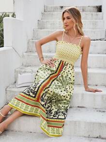 SHEIN VCAY Tropical & Polka Dot Print Cami Dress - Yellow - View 1