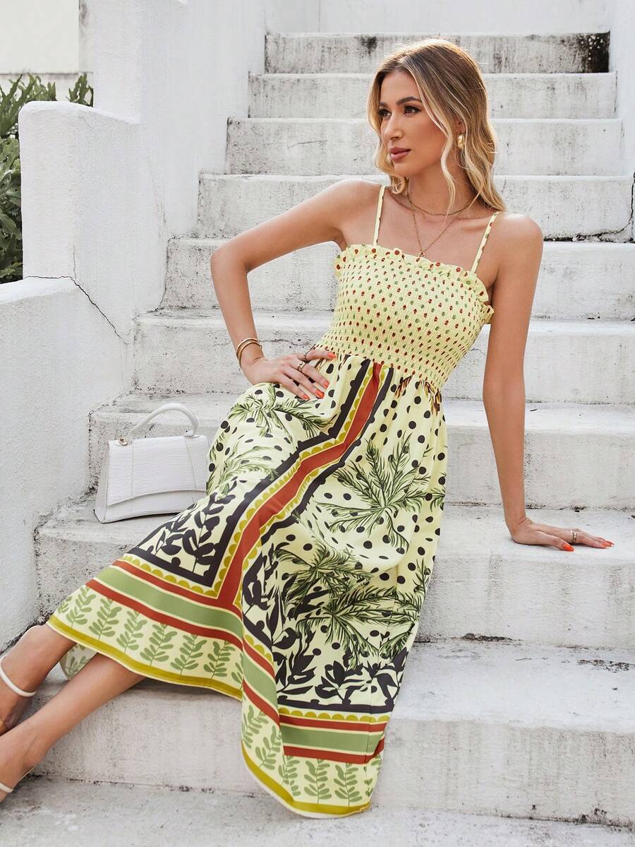 SHEIN VCAY Tropical & Polka Dot Print Cami Dress - Yellow - View 1