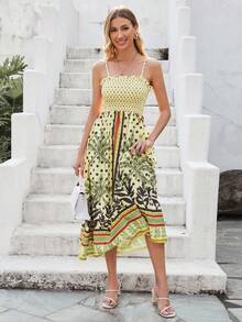 SHEIN VCAY Tropical & Polka Dot Print Cami Dress - Yellow - View 4