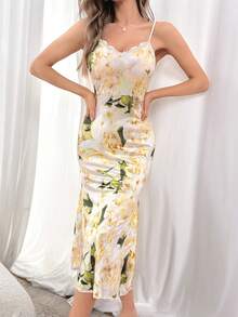 Floral Print Ruched Side Cami Nightdress - Yellow - View 2