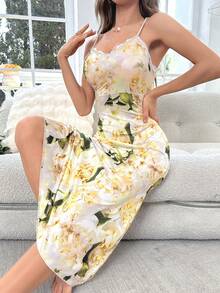 Floral Print Ruched Side Cami Nightdress - Yellow - View 5