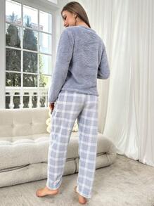 口袋拼接上衣和格子印花长裤睡衣套装/蓬松睡衣套装，秋冬服装，舒适保暖