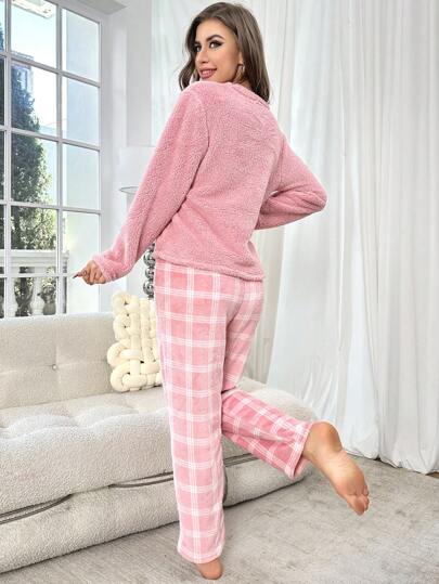 Plaid Print Flannel PJ Set Fluffy Pajama Cozy Elegante s, Fall Clothes view 2
