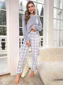 口袋拼接上衣和格子印花长裤睡衣套装/蓬松睡衣套装，秋冬服装，舒适保暖