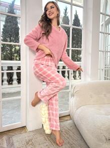 Plaid Print Flannel PJ Set / Fluffy Pajama Set Cozy And Elegant Details, Fall Winter Clothes