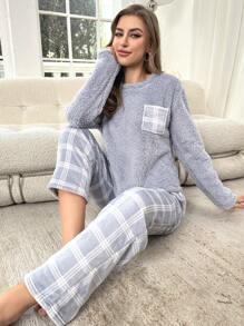 口袋拼接上衣和格子印花长裤睡衣套装/蓬松睡衣套装，秋冬服装，舒适保暖