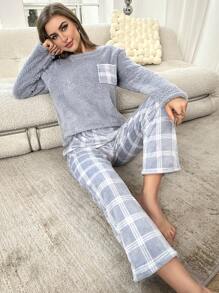 口袋拼接上衣和格子印花长裤睡衣套装/蓬松睡衣套装，秋冬服装，舒适保暖
