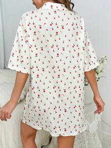 印花落肩袖睡裙 - 米色 - 查看 2