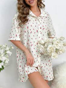 印花落肩袖睡裙 - 米色 - 查看 4