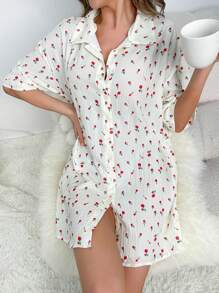 印花落肩袖睡裙 - 米色 - 查看 5