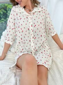 印花落肩袖睡裙 - 米色 - 查看 6