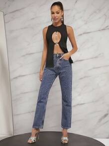 SHEIN Unity Chi tiết chuỗi đá Rhinestone cắt xẻ bên hông áo ba lỗ - màu đen - Xem 3