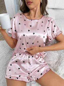 SHEIN 愛心圖案緞面睡衣套裝 - 粉色 - 查看 1