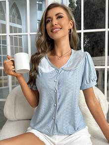 SHEIN 蕾絲拼接前紐扣泡泡袖家居服上裝 - 淺藍色 - 查看 3