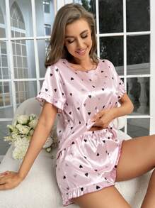 SHEIN 愛心圖案緞面睡衣套裝 - 粉色 - 查看 3